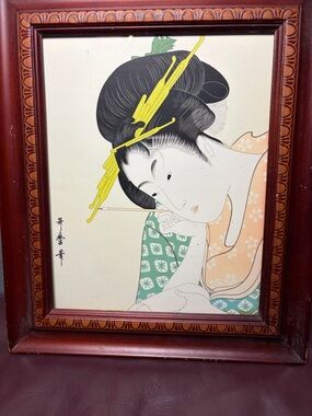 Vintage Japanese Geisha Print in Wooden Frame - Black, Yellow, Green, Peach
